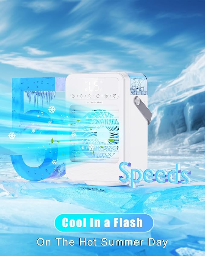 Aire Acondicionado Portatil Silencioso, Mini Enfriador de Aire Portátil Ventilador USB - 5 Velocidades y 3 Modos, Oscilación de 90°, 1-8H Temporizador, Air Cooler con Pantalla LED y Luces de Colores