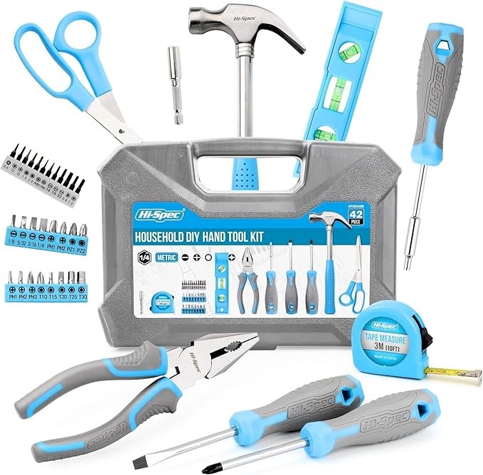 Hi-Spec Caja de Herramientas Azul de 42 piezas. Herramientas Basicas Para Bricolaje, Reparaciones y Mantenimiento Diario en el Hogar, Taller, y Oficina. Con Maletin Compacto para Transporte.