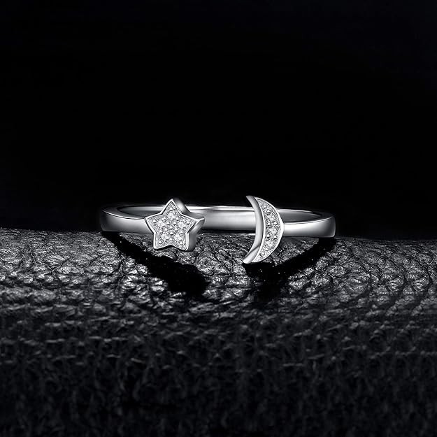 JewelryPalace Ajustable Luna y Estrella Anillo Mujer Plata Oro 14k Oro Rosa, Anillo Abierto Sencillo Lindo Circonita, Anillo Niña Elegante Piedra Preciosa, Regalo Anillo Promesa Joyas de Mujer