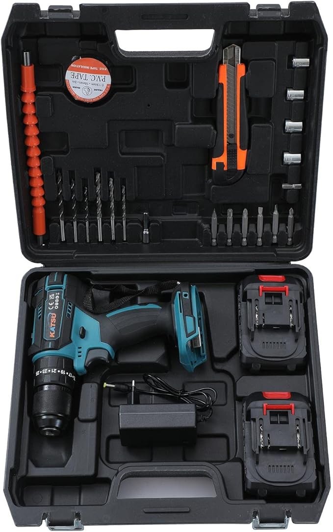 KATSU FIT-BAT 21V Taladro de Impacto Inalámbrico con 2 x 2,0Ah Baterías y Accesorios, 13mm Mandril sin Llave, 2 Velocidades y luz LED, para Mejoras en el Hogar DIY 102675